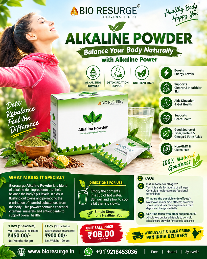 BIO RESURGE LIFE Alkaline Powder Helps in Making Body Alkaline (pH Balance) : 1 Box (15 Sachets) MRP (Inclusive of all taxes):Rs.450.00/- Net Weight 60gm