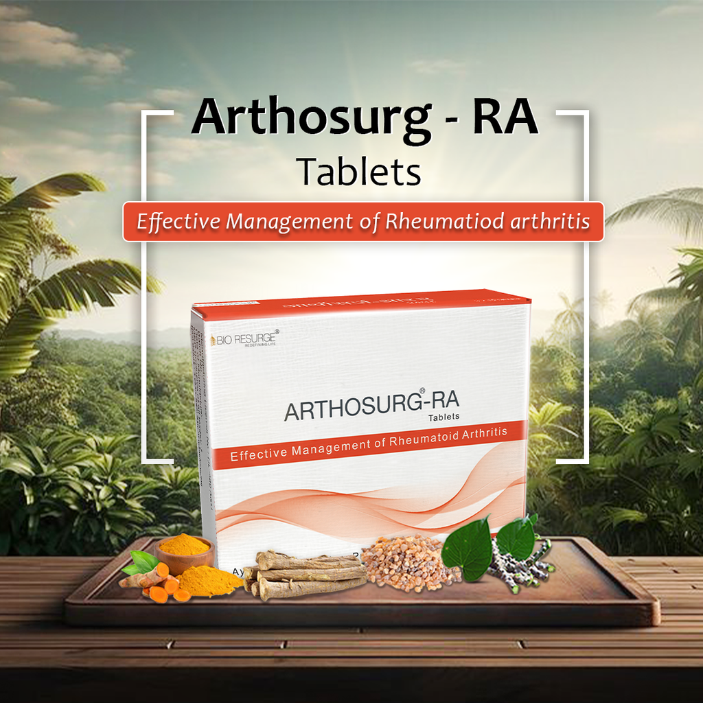 Bio Resurge Rheumatoid Arthritis Ayurvedic Medicine (Arthosurge-RA): Pack of 30 Tablets, One piece MRP (Inclusive of all taxes):Rs.315.00/- Net Weight 21gm