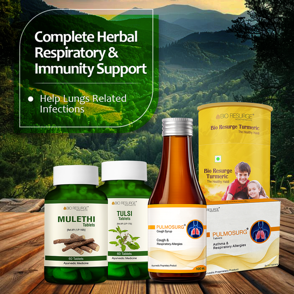 Bio Resurge Pulmosurg Respiratory & Immunity Combo | Pulmosurg Syrup, Tablets, Tulsi, Mulethi & Turmeric | Pack of 5 | MRP (Inclusive of all taxes):Rs.1395.00/-