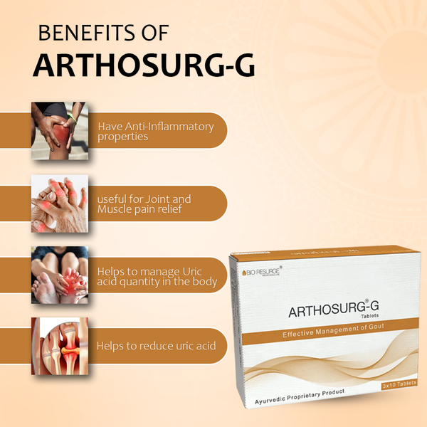 Arthosurg-G | High Uric Acid Medication | Reduces Gout Symptoms - Pack of 30 Tablets: One piece MRP (Inclusive of all taxes):Rs.300/- Net Weight 21gm.