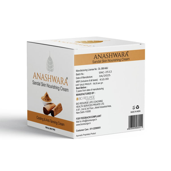 Anashwara Sandal Skin Nourishing Cream for Cooling and Soothing Skin: One piece MRP (Inclusive of all taxes):Rs.410/- Net Weight 50gm