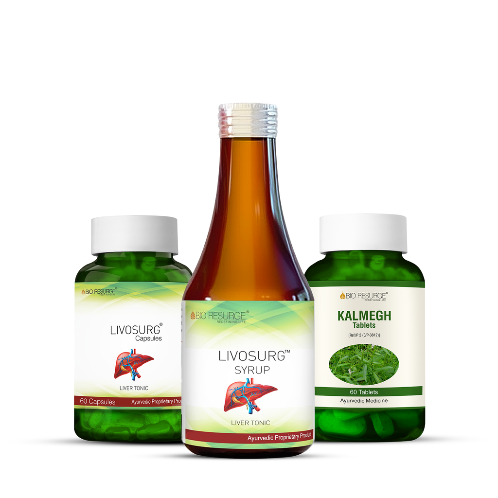 Bio Resurge Livosurg Liver Detox Combo | Liver Care Capsules, Liver Syrup & Kalmegh Tablets | Supports Liver Function, Digestion & Metabolism | Pack of 3 | Net Weight 72gm+200ml