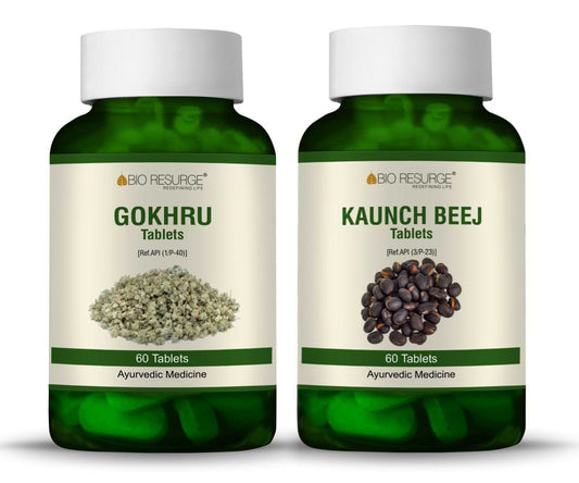 Bio Resurge Gokhru  & Kaunch Beej Tablet ENRICH IN PROTEIN AND REDUCE FATIGUE - 750 mg (120 Tablets): One piece MRP (Inclusive of all taxes):Rs.540/- Net Weight 90gm