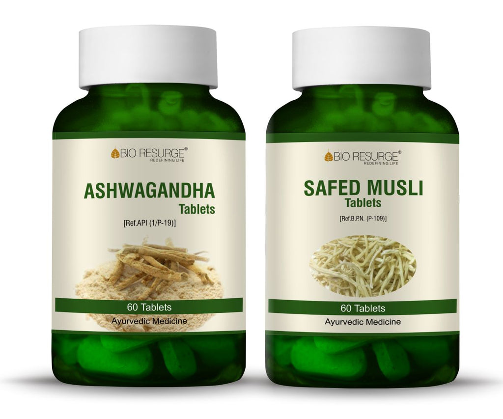 Bio Resurge Ashwagandha &  Safed Musli REDUCE STRESS AND INCREASE SPERM COUNT Tablet -750 mg (120 Tablets):  MRP(Inclusive of all taxes):Rs.540/- Net Weight 90gm/
